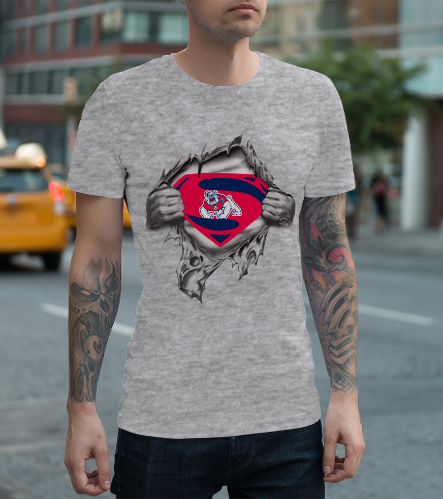 Fresno State Bulldog Superman Emblem With Bulldog Logo Torn T-Shirt