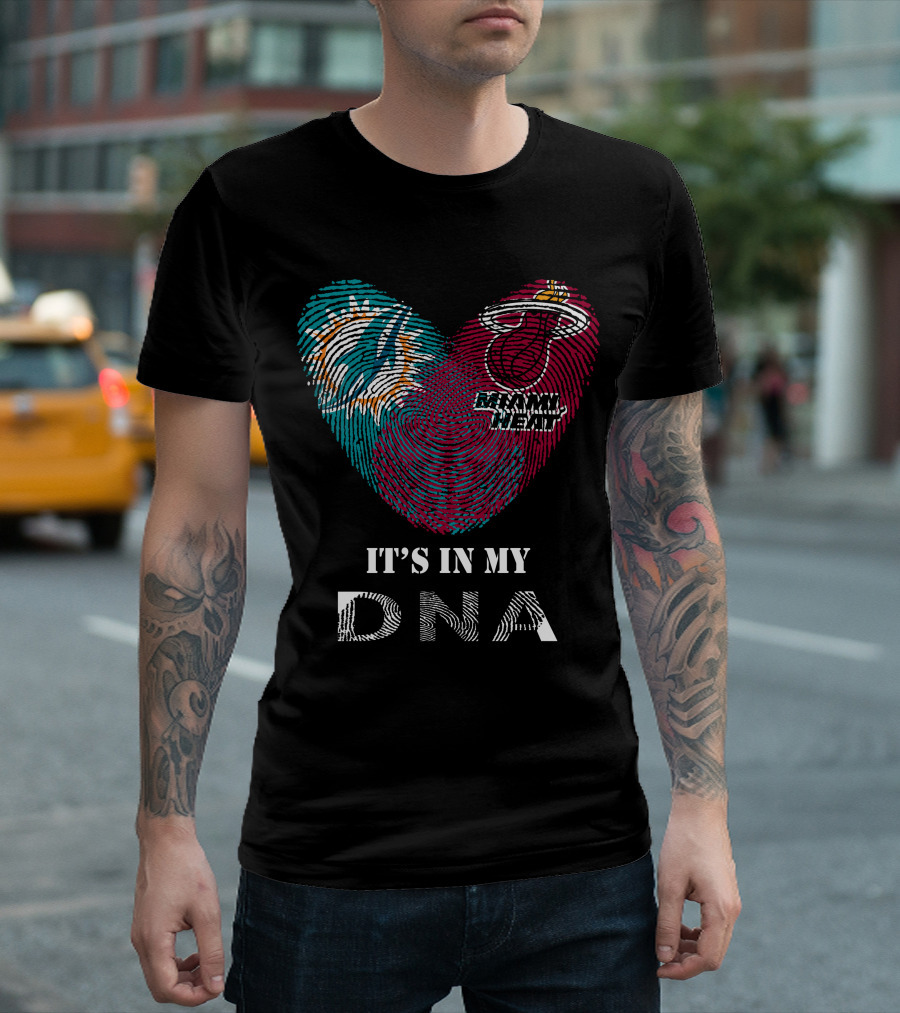 Miami Dolphins Miami Heat It's In My Dna Fingerprint Heart T-Shirt