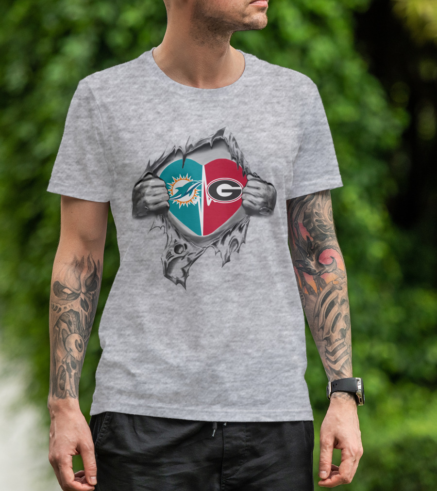Dolphins Georgia Bulldogs Heart Logo Peeling Skin T-Shirt