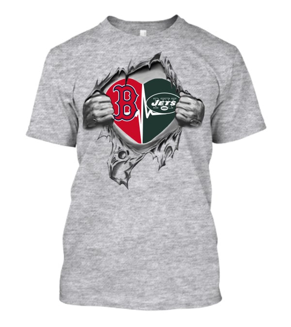 Jets Red Sox Heart Logo Split With Ripped T-Shirt
