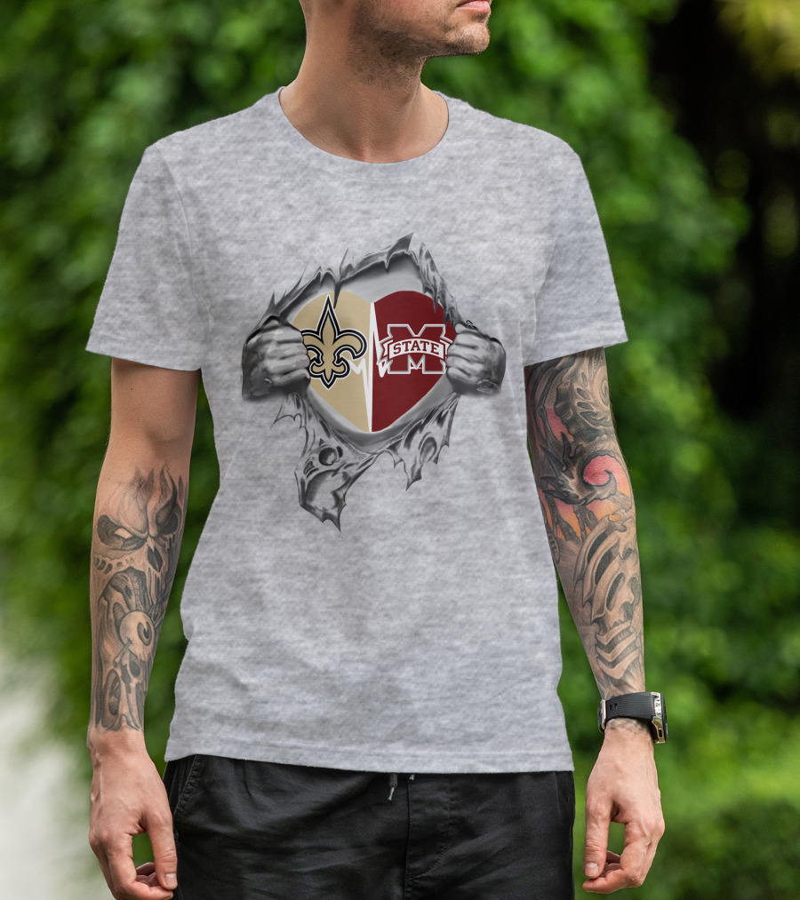 Saints MS State Heart Design Fleur-de-Lis And Bulldogs Ripped T-Shirt