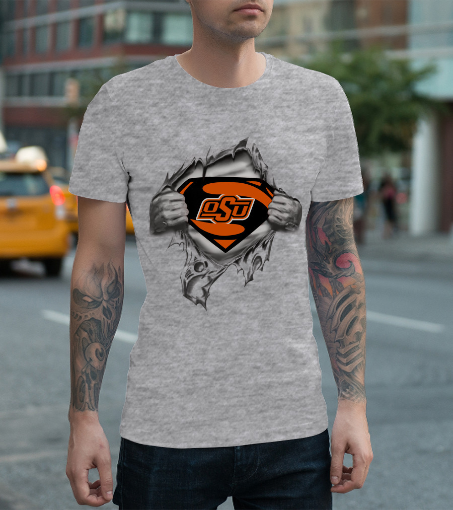 Osu Oklahoma State Cowboys Super Man Logo Rip T-Shirt