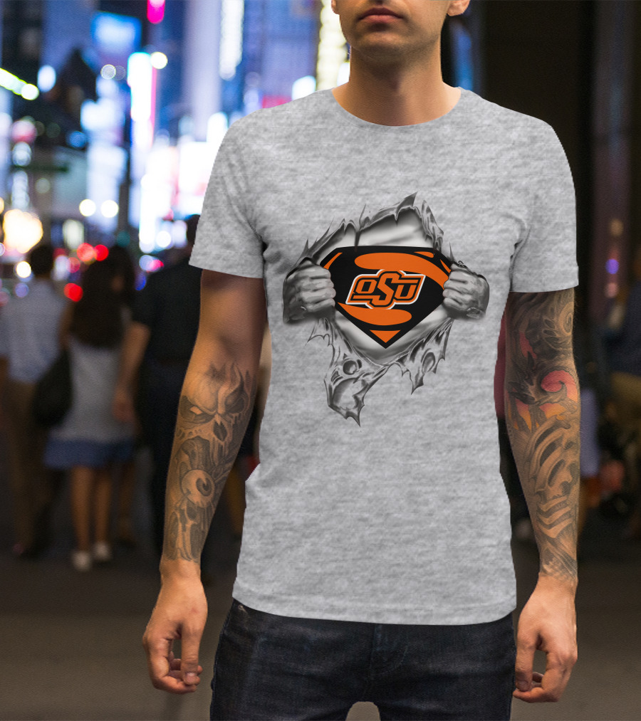 Osu Oklahoma State Cowboys Super Man Logo Rip T-Shirt