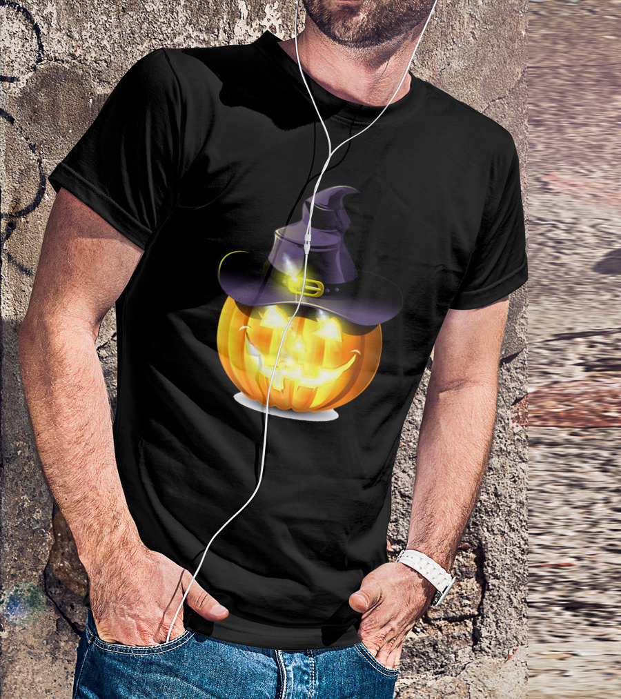 Halloween Pumpkin With Witch Hat And Glowing Smile T-Shirt