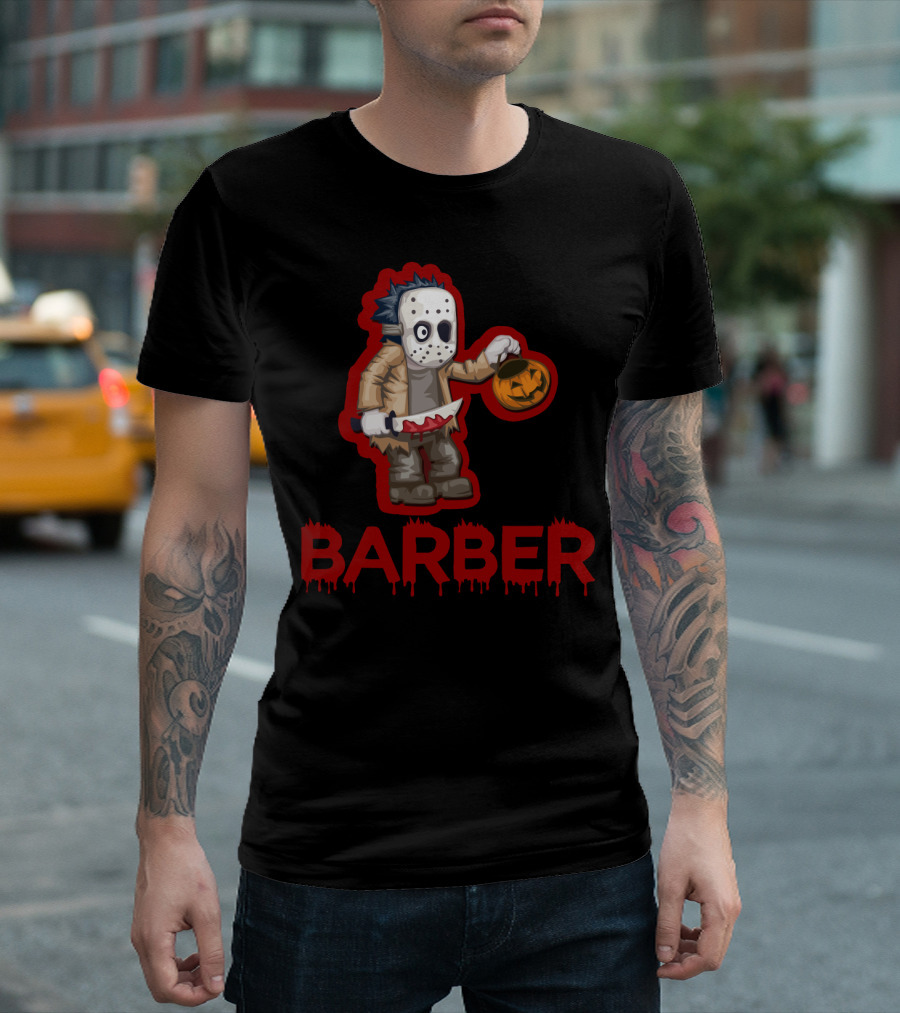 Halloween Barber Hairstylist Masked Horror With Pumpkin And Knife T-Shirt
