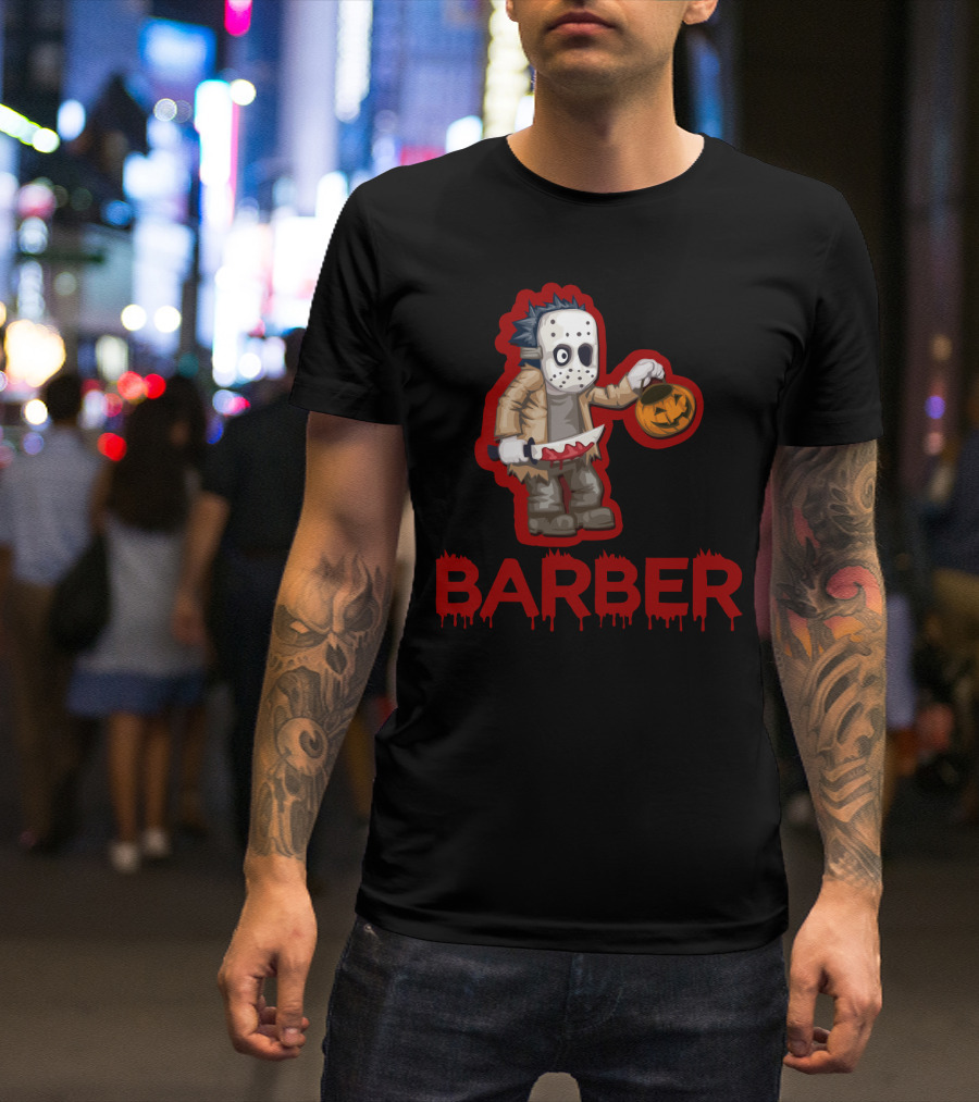 Halloween Barber Hairstylist Masked Horror With Pumpkin And Knife T-Shirt