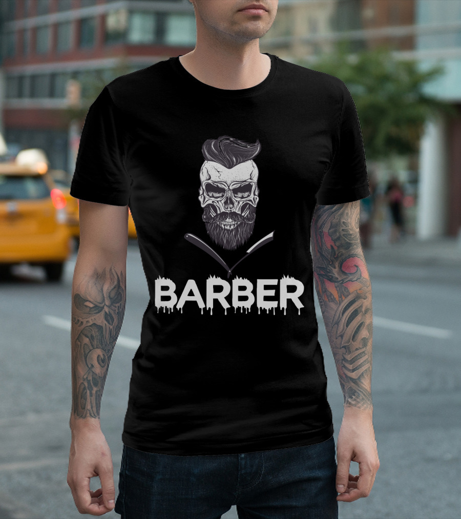 Barber Skull With Straight Razors Halloween Hairstylist T-Shirt