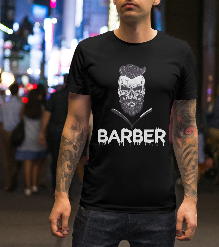 Barber Skull With Straight Razors Halloween Hairstylist T-Shirt