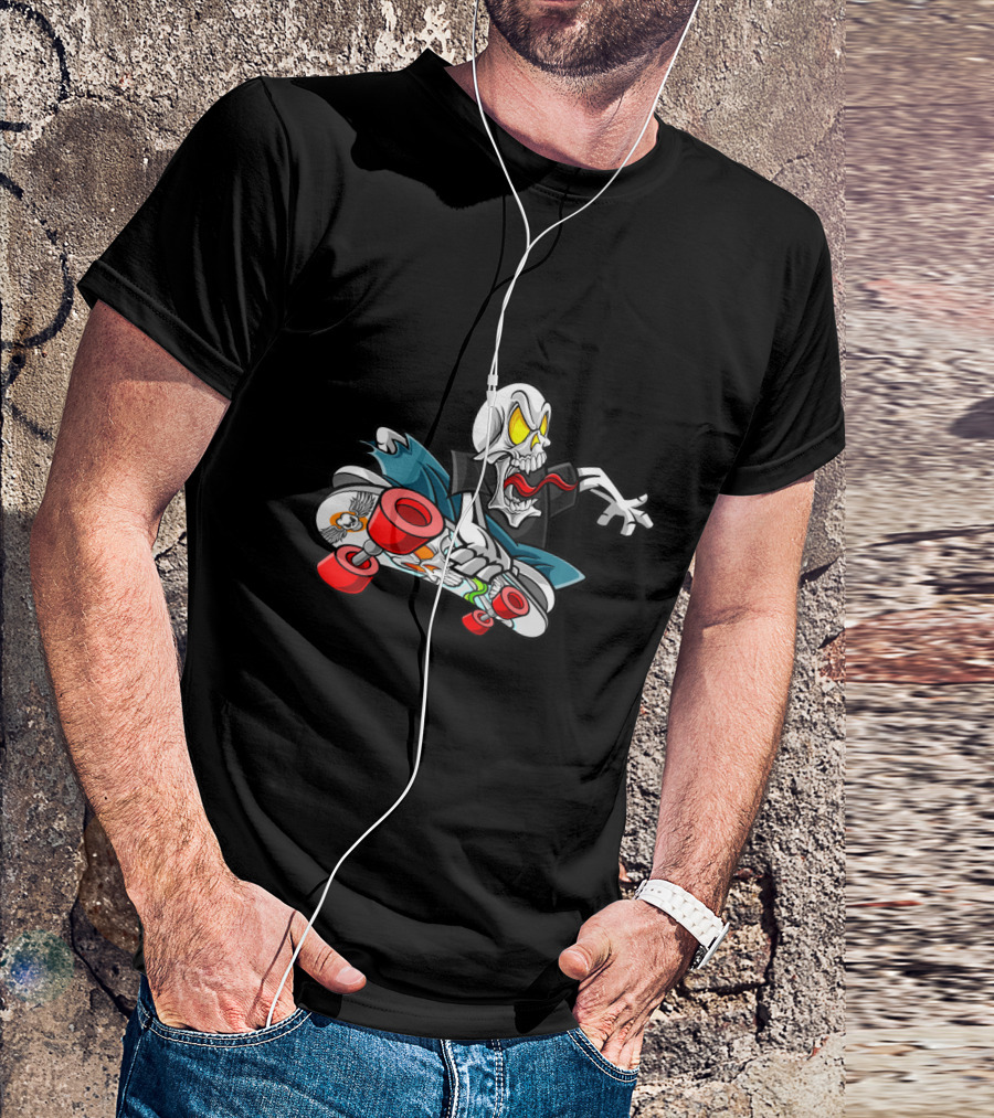 Halloween Skull Skateboarder With Red Wheels And Yellow Eyes T-Shirt