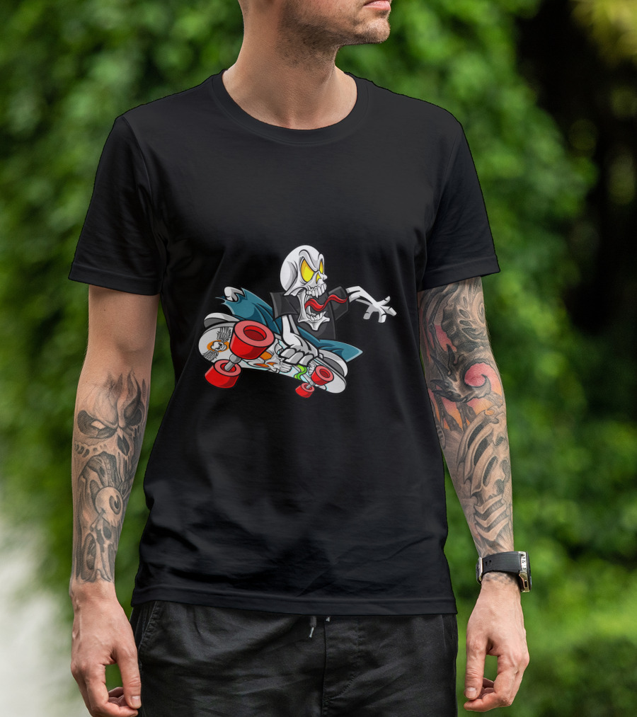 Halloween Skull Skateboarder With Red Wheels And Yellow Eyes T-Shirt