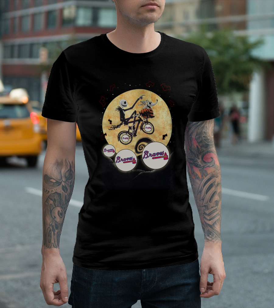 Braves Halloween Moon Bicycle Scene with Skeleton Characters and Pumpkin Dog T-Shirt