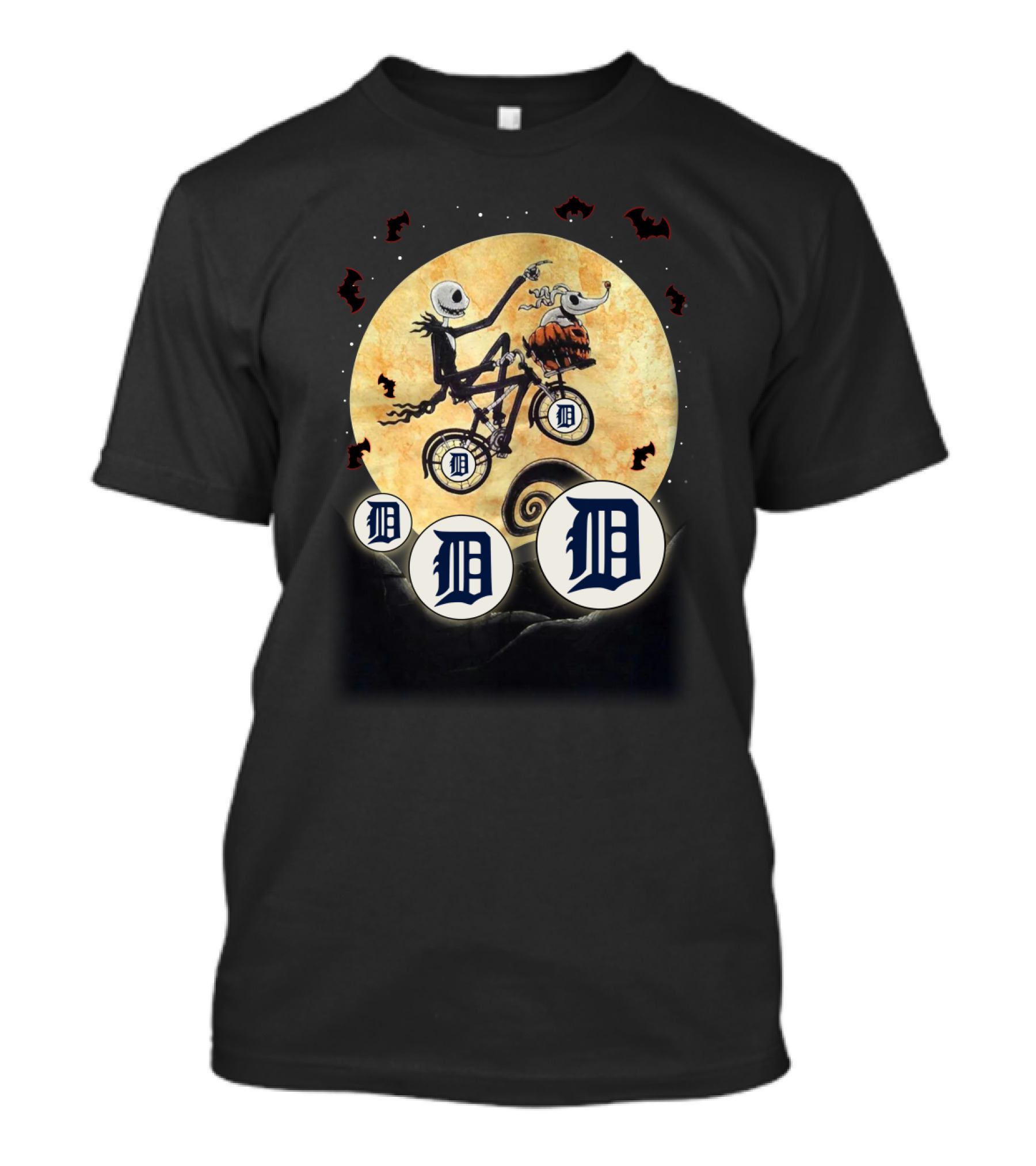 Detroit Tigers Halloween Moon With Jack Bicycle And Pumpkin T-Shirt