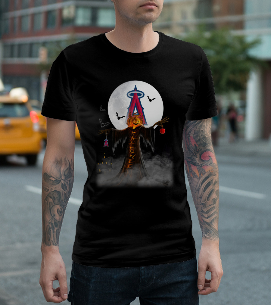Los Angeles Angels Halloween Jack-O'-Lantern With Bats And Moon T-Shirt