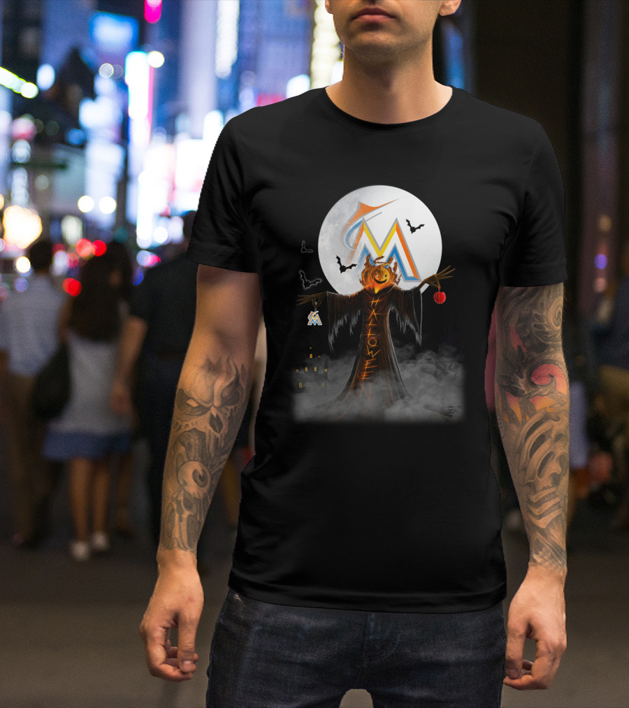 Halloween Miami Marlins Pumpkin Moon Bats And Haunted Castle T-Shirt