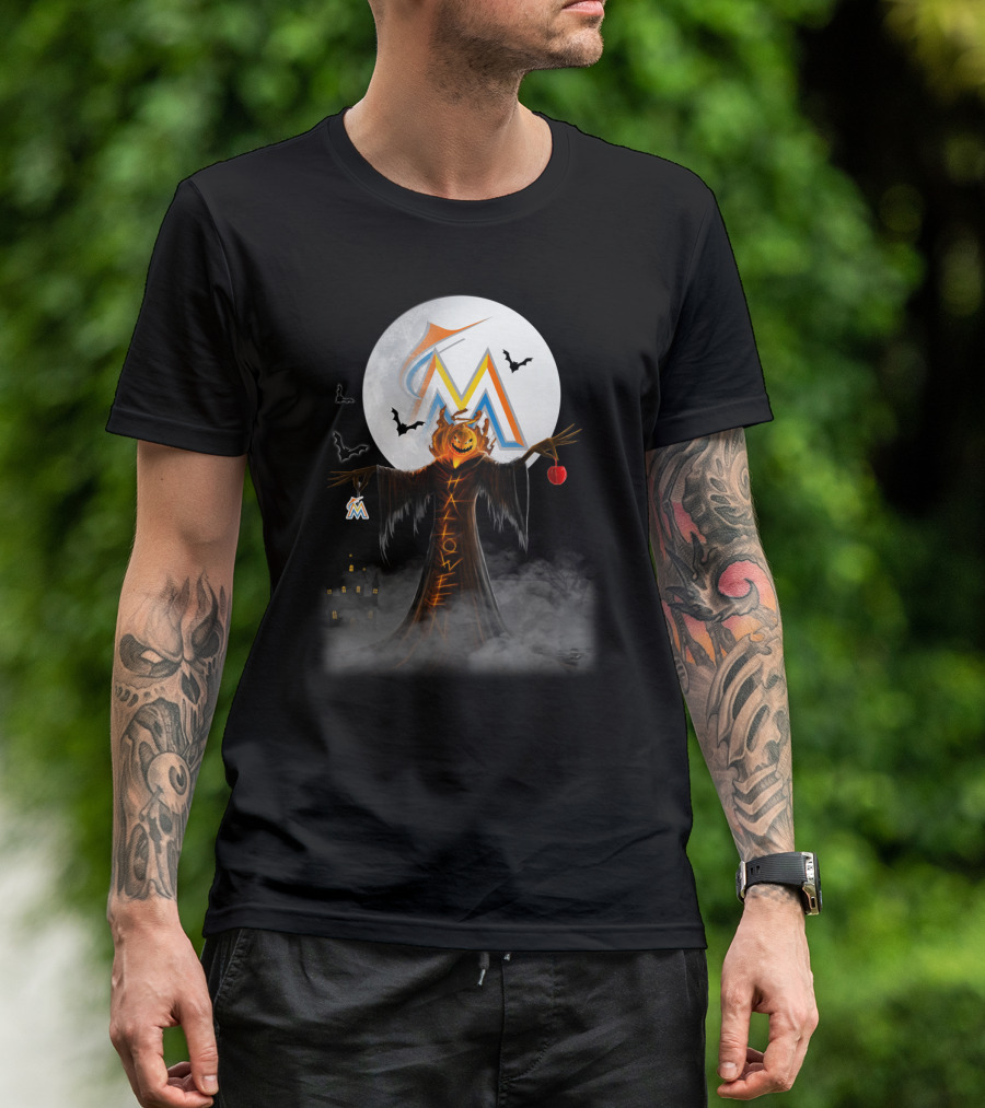 Halloween Miami Marlins Pumpkin Moon Bats And Haunted Castle T-Shirt