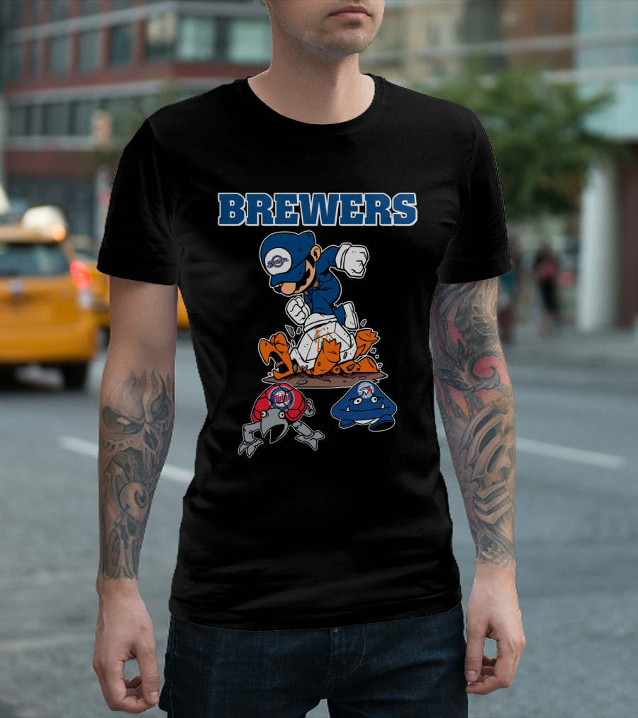 Brewers Cartoon Character In Blue Cap Stomping Orange And Red Creatures T-Shirt