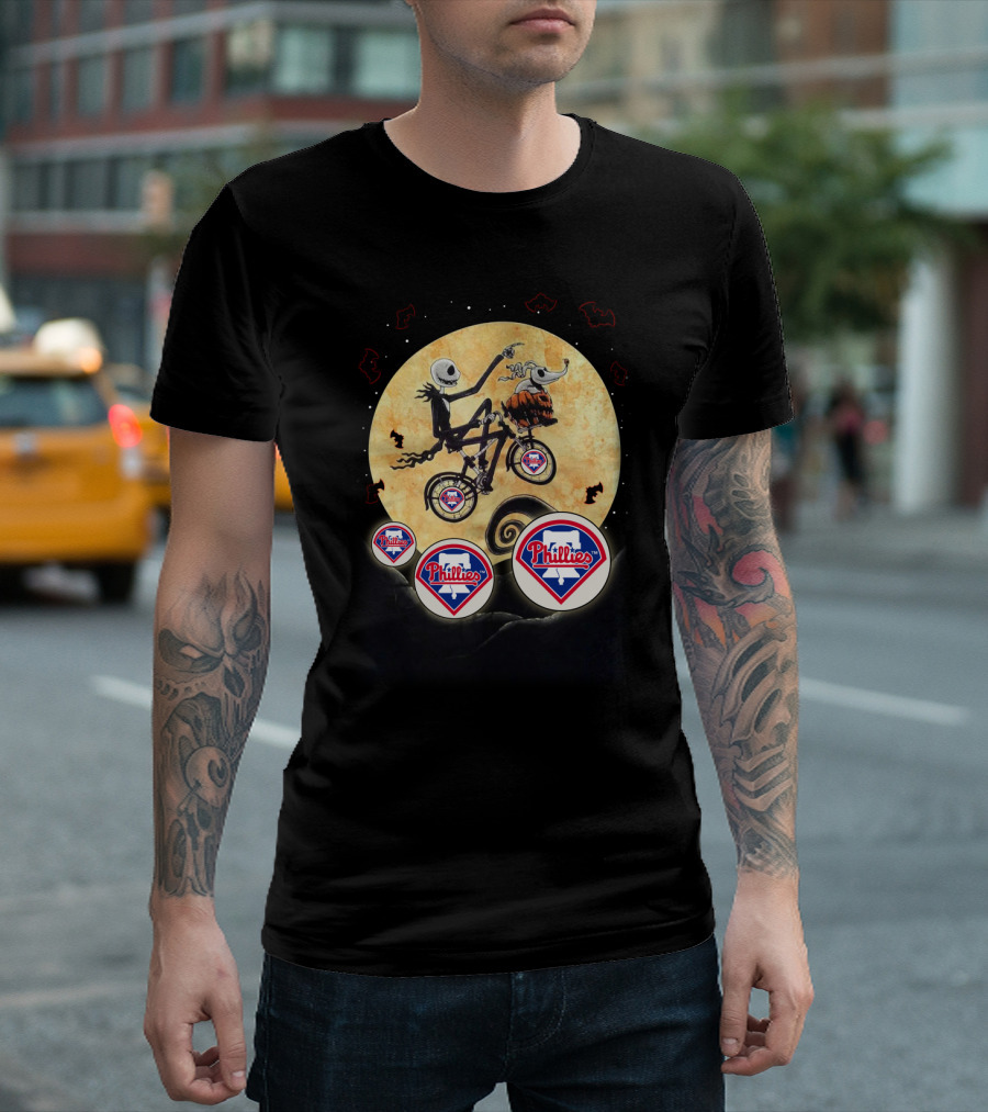 Halloween Philadelphia Phillies Jack Skellington Flying Across Moon with Phillies T-Shirt