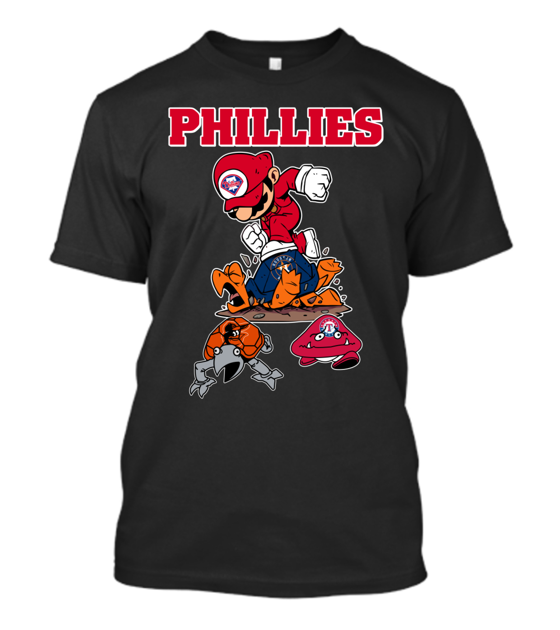 Phillies Mario-Inspired Design With Crab And Hat Characters T-Shirt
