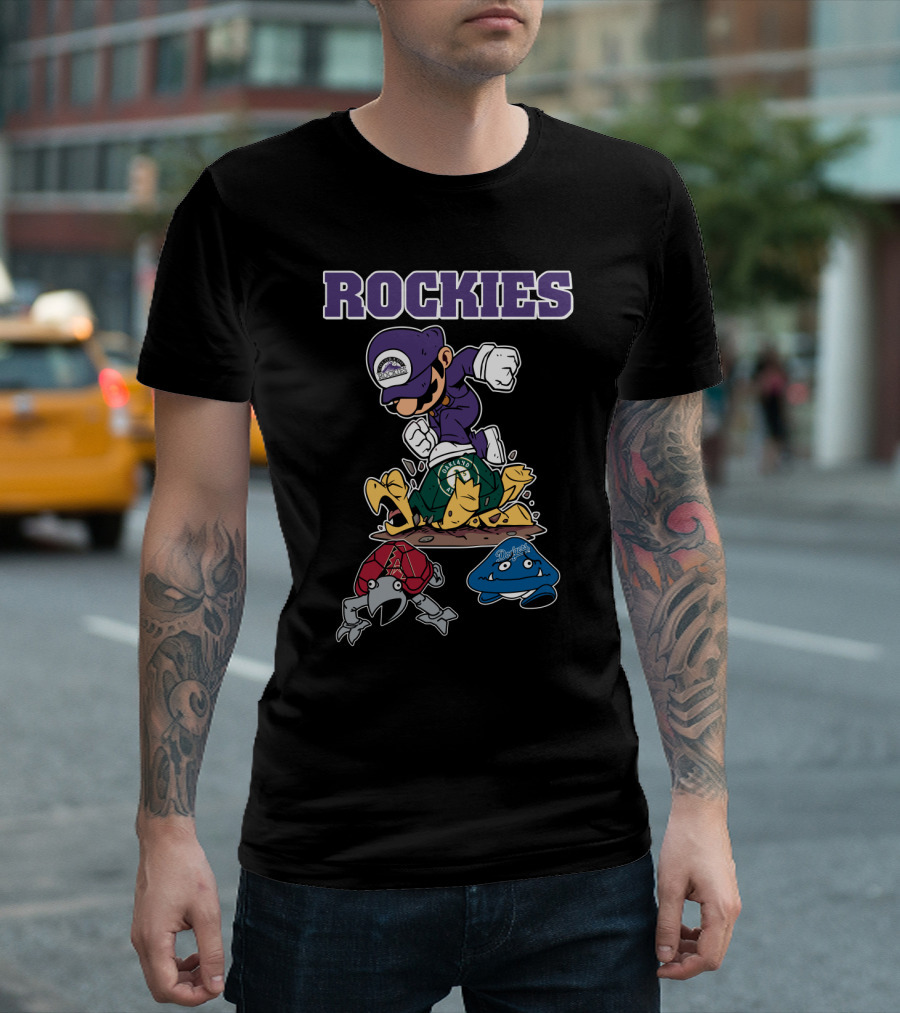 Rockies Character Action With Opponents In Green Yellow Red Blue Gear T-Shirt