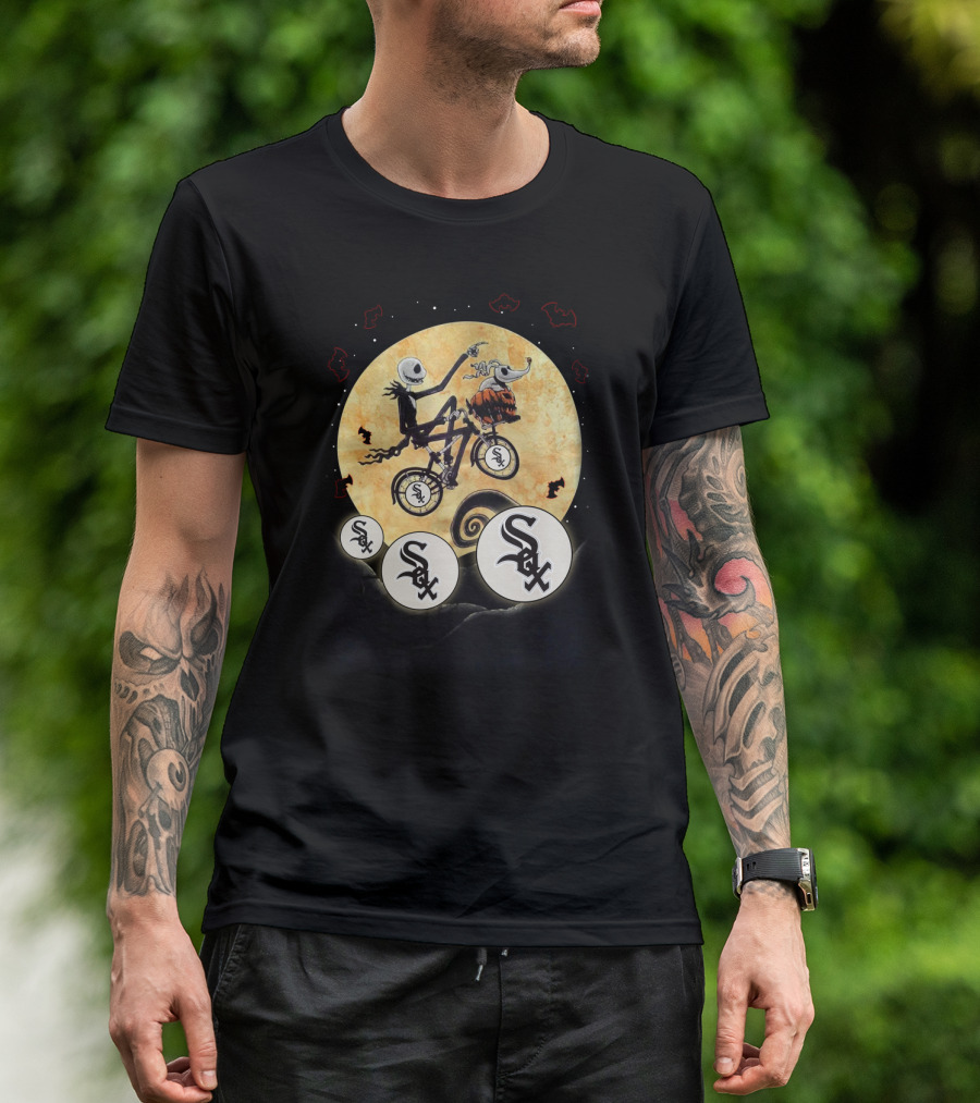 White Sox Halloween Skeleton And Dog On Bicycle Moon T-Shirt