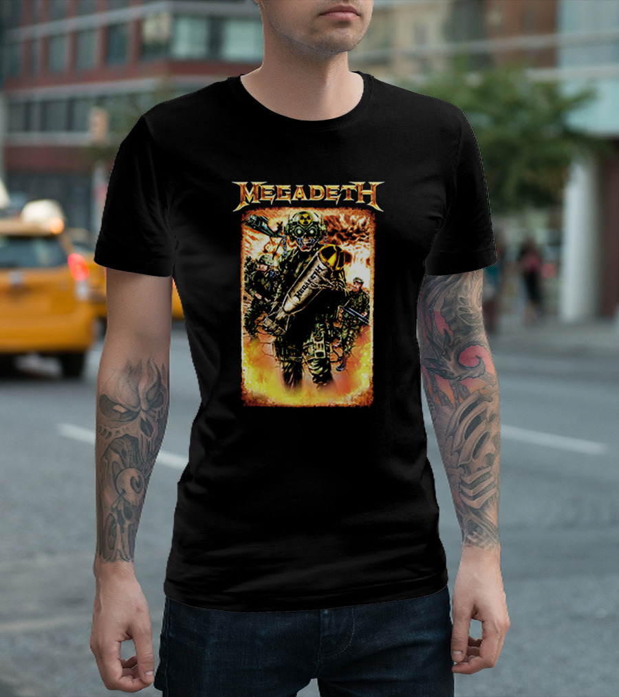 Megadeth Soldiers Holding Bomb With Radiation Symbol In Fiery T-Shirt