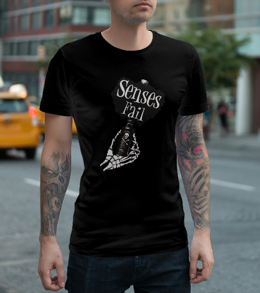 Senses Fail Skeleton Hand Holding Poison Bottle T-Shirt