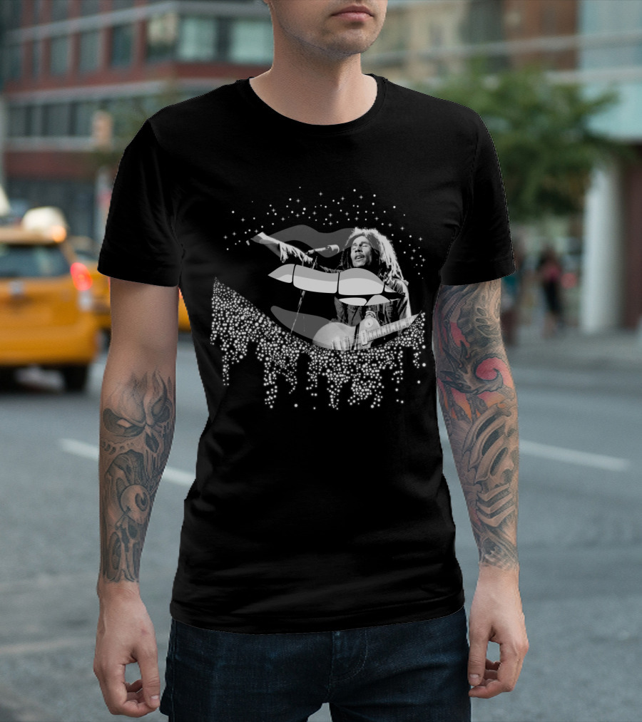 Bob Marley Black and White Lips with Guitar and Sparkle T-Shirt