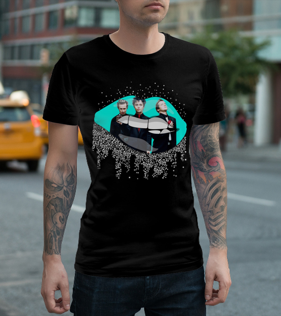 Green Day Dripping Glitter Lip Pop Art Band Members T-Shirt