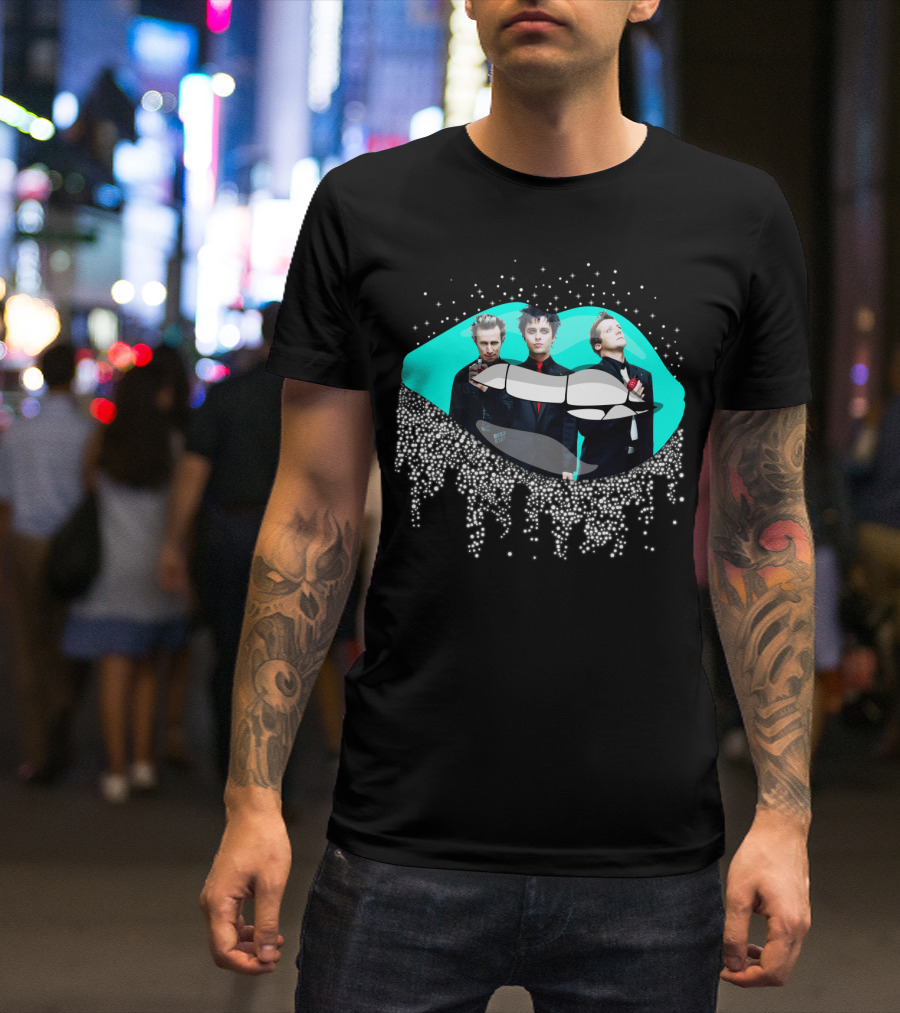 Green Day Dripping Glitter Lip Pop Art Band Members T-Shirt