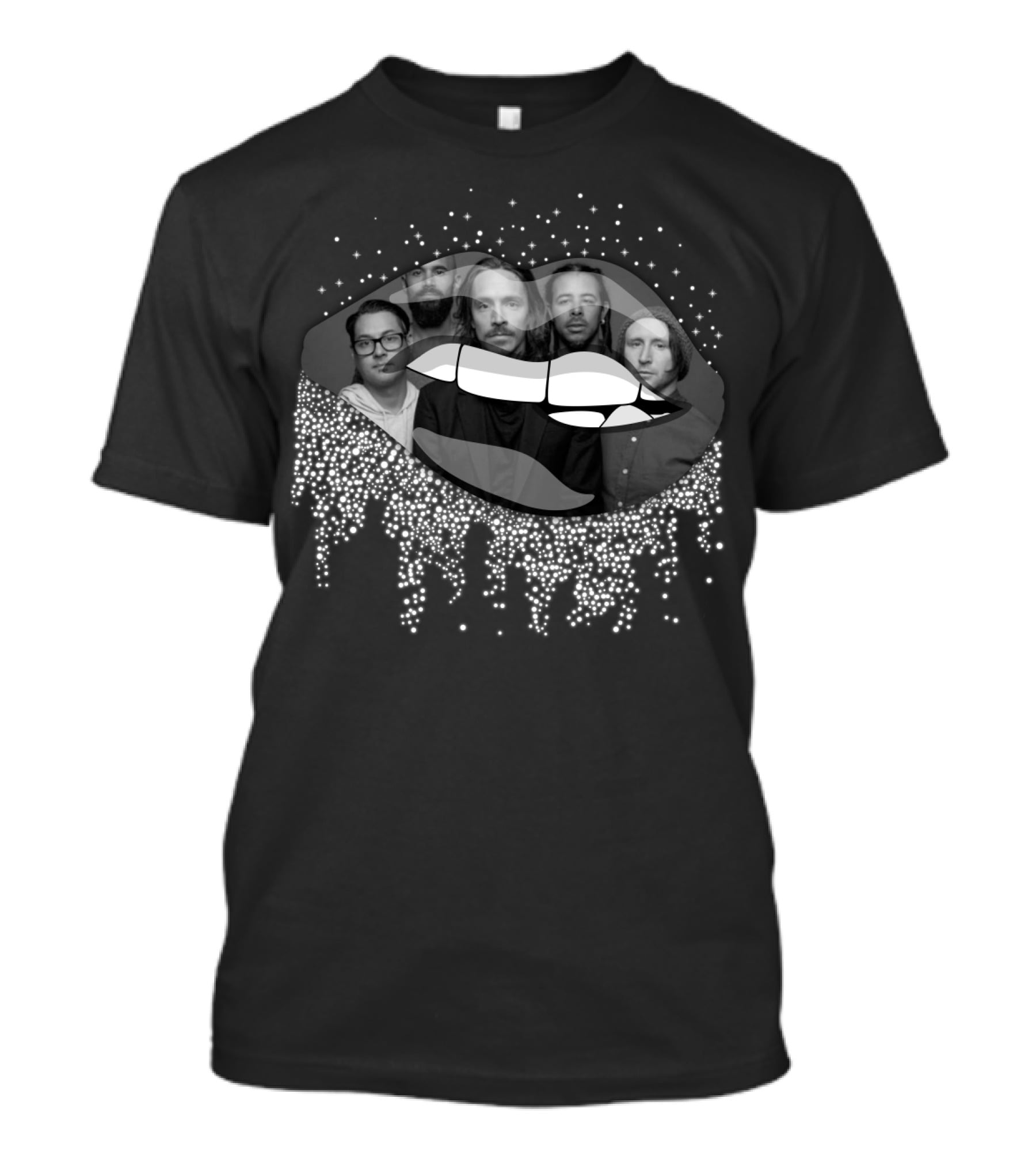 Incubus Band Members Black And White Design With Stylized Lips And Sparkling Accents T-Shirt