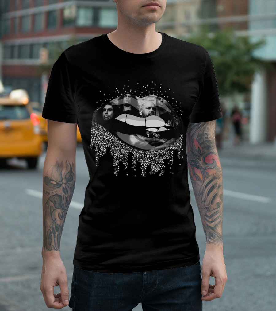 Slayer Band Members with Iconic Lip Mouth Design and Glowing Effects T-Shirt