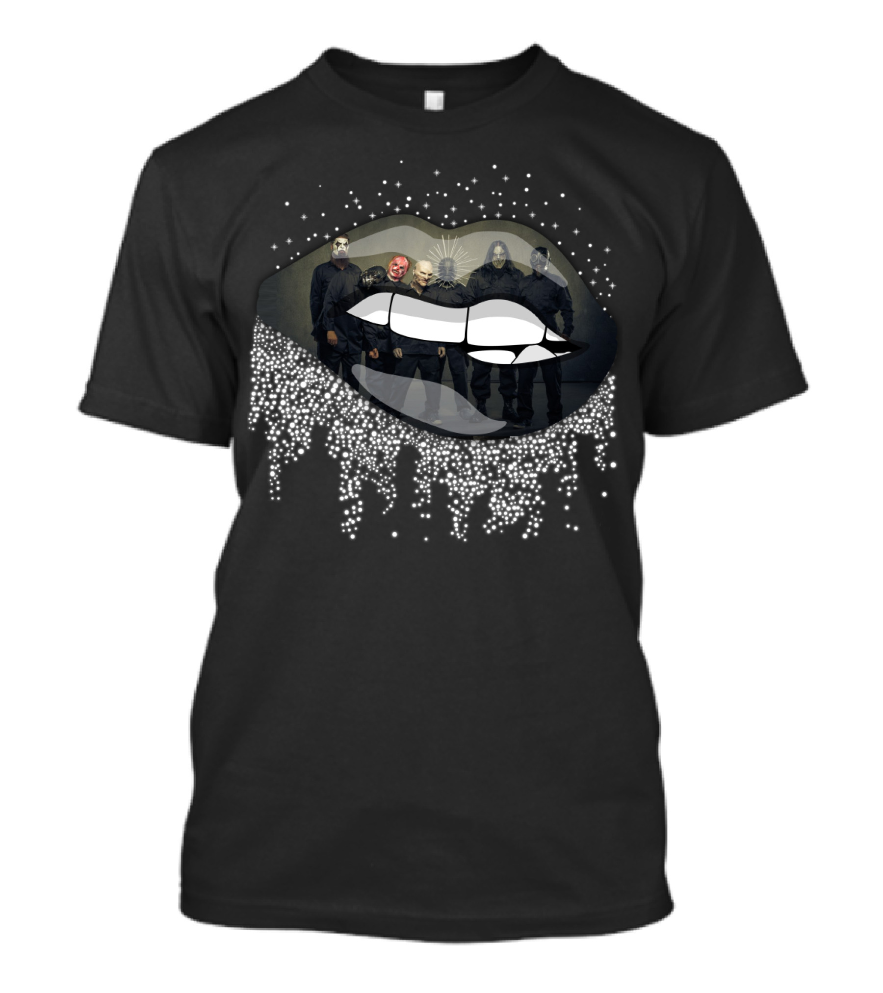 Slipknot Band Members In Dripping Lips Design With Masks And Dark T-Shirt