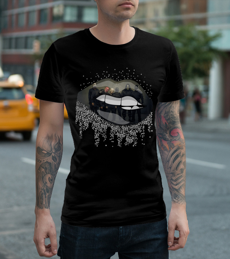 Slipknot Band Members In Dripping Lips Design With Masks And Dark T-Shirt