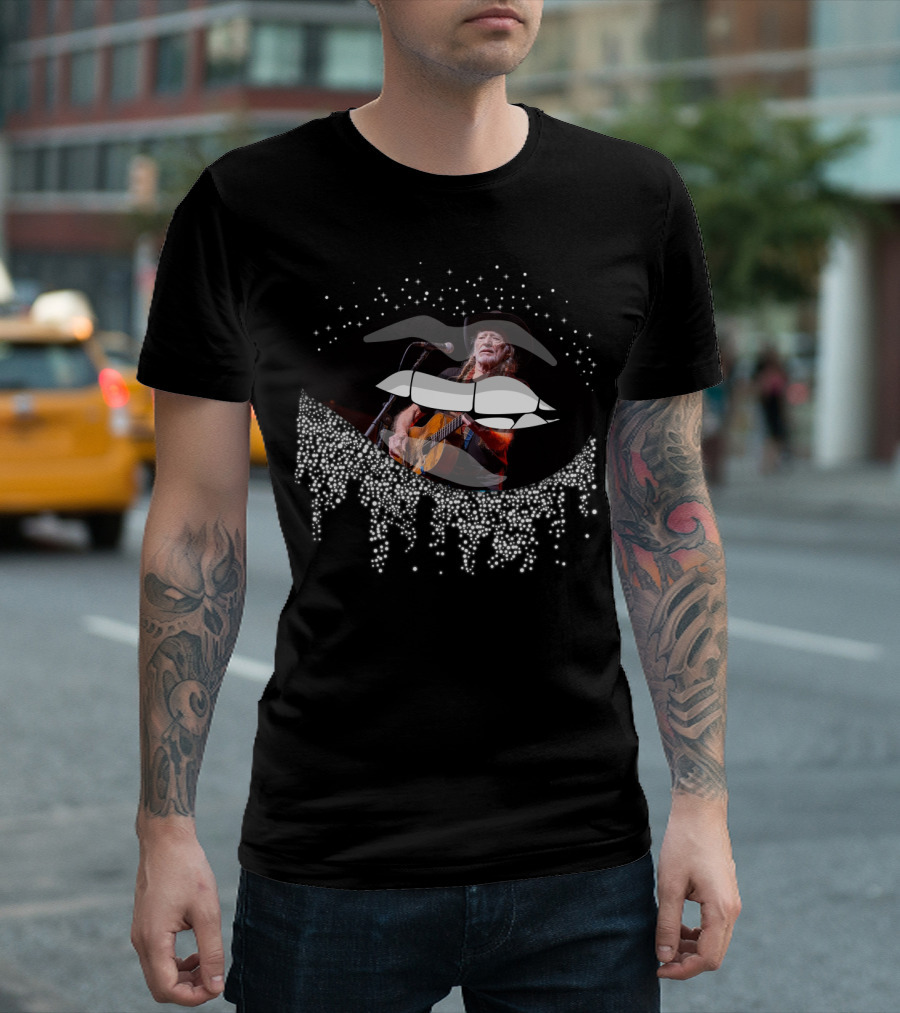 Willie Nelson Lips With Guitar And Sparkling Drips T-Shirt