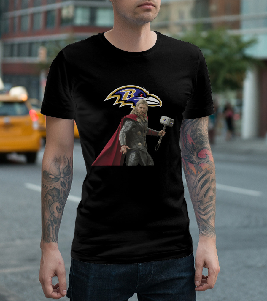 Baltimore Ravens Thor Crossover With Mjolnir Hammer T-Shirt