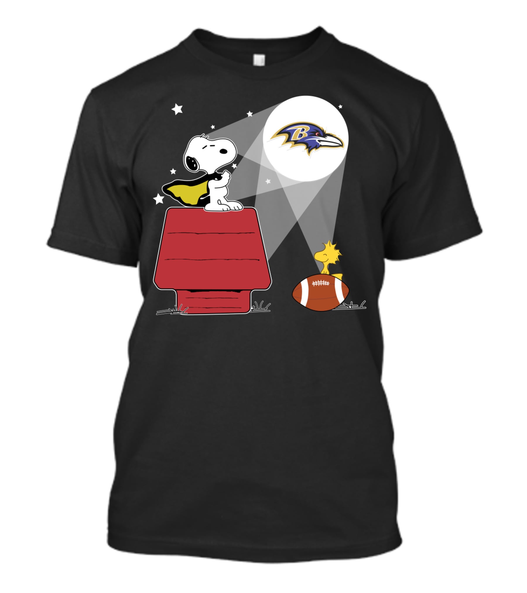 Snoopy And Woodstock With Baltimore Ravens Football And Logo Moon T-Shirt