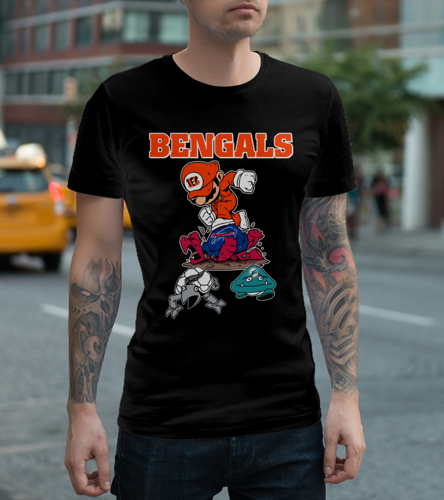 Bengals Mario Parody Knocking Out Football Opponents T-Shirt