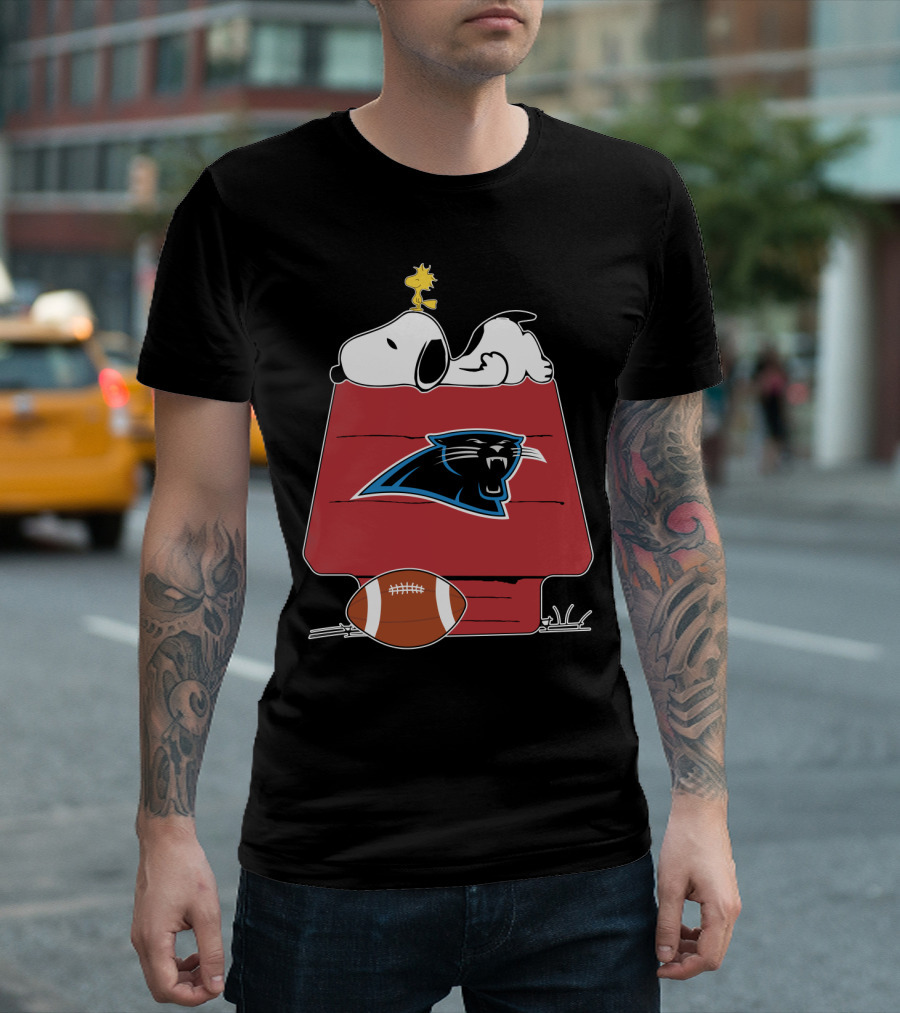 Snoopy And Woodstock On Doghouse With Carolina Panthers Logo And Football T-Shirt