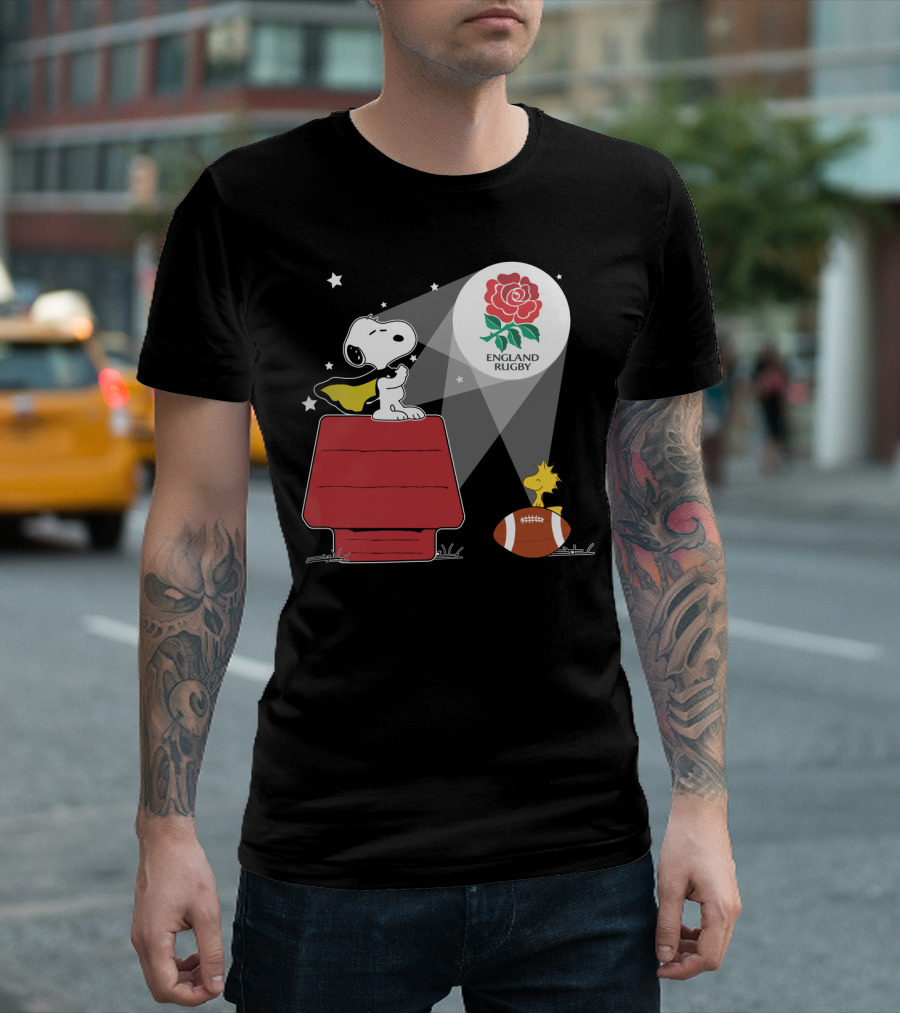 England Rugby RFU Snoopy Doghouse Spotlight with Woodstock and Rugby Ball T-Shirt