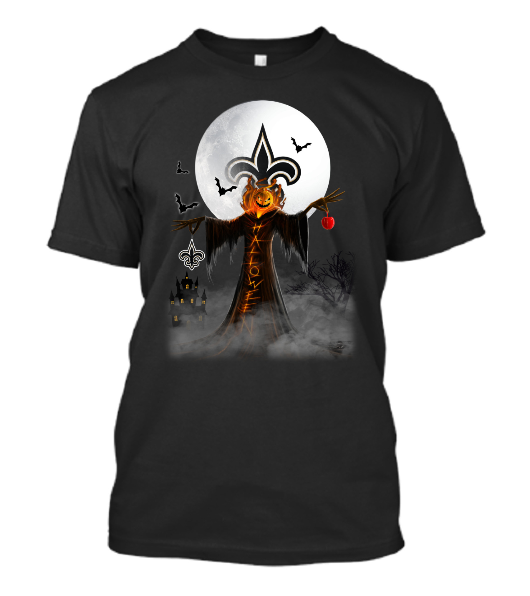 New Orleans Saints Halloween Pumpkin Head With Crescent Moon And Bats T-Shirt