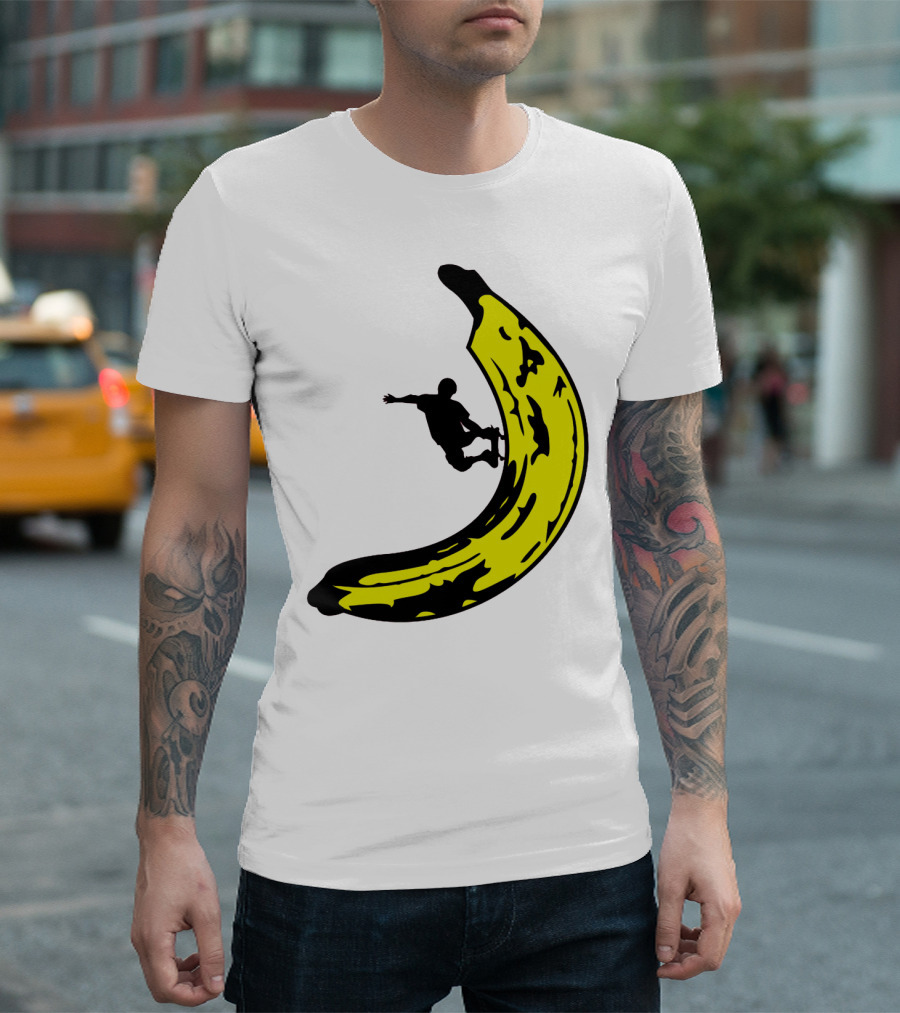 Banana Shaped Skateboard Ramp with Silhouette Skater Jumping T-Shirt