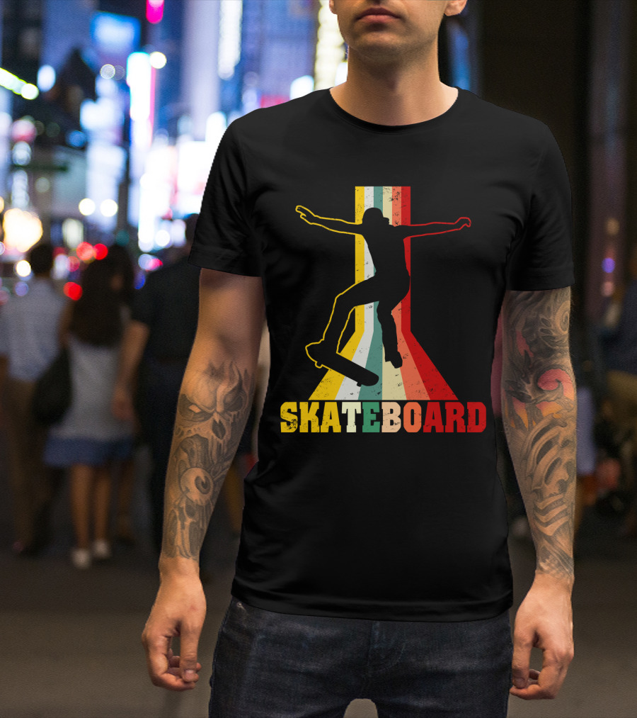 Retro Skateboard Silhouette With Vintage Color Stripes T-Shirt