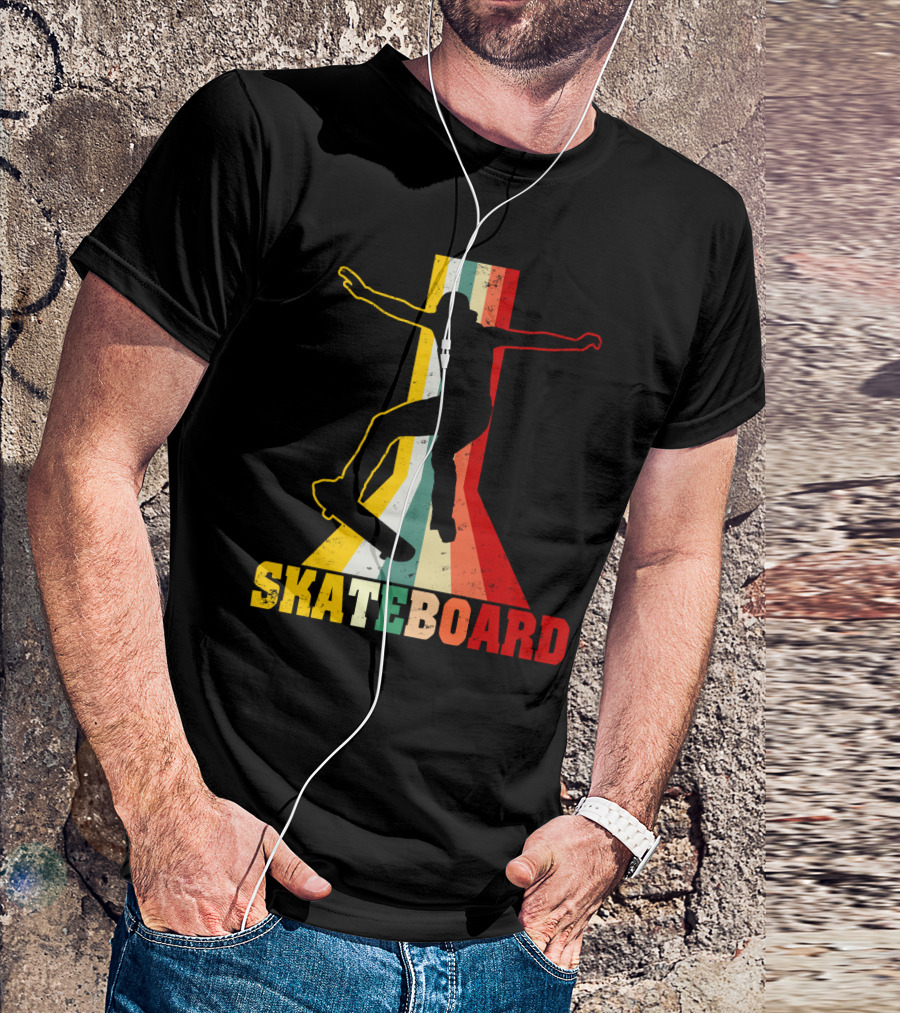 Retro Skateboard Silhouette With Vintage Color Stripes T-Shirt