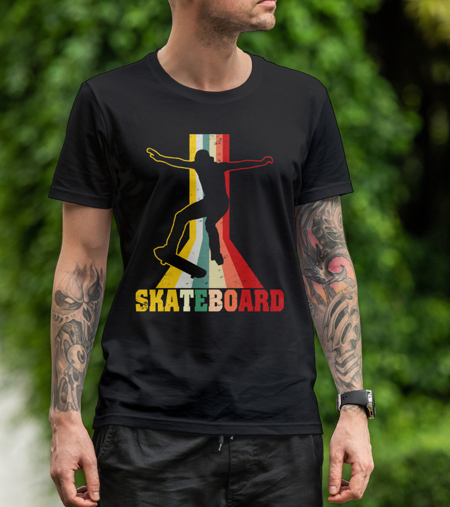 Retro Skateboard Silhouette With Vintage Color Stripes T-Shirt