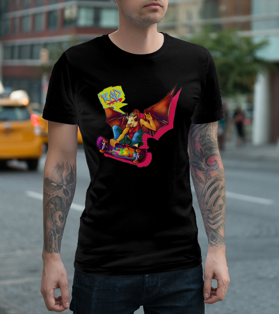 RAD Bat-Winged Skateboarder with Neon Graffiti Aesthetic T-Shirt