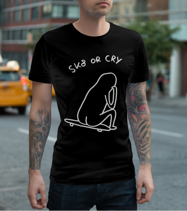 Sk8 Or Cry Minimalist Outline Sitting Figure On Skateboard T-Shirt