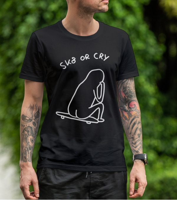 Sk8 Or Cry Minimalist Outline Sitting Figure On Skateboard T-Shirt