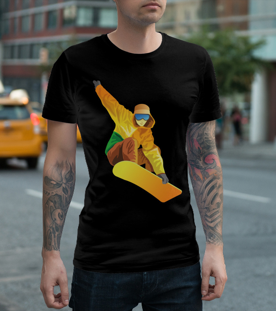 Snowboard Enthusiast in Vibrant Orange and Green T-Shirt
