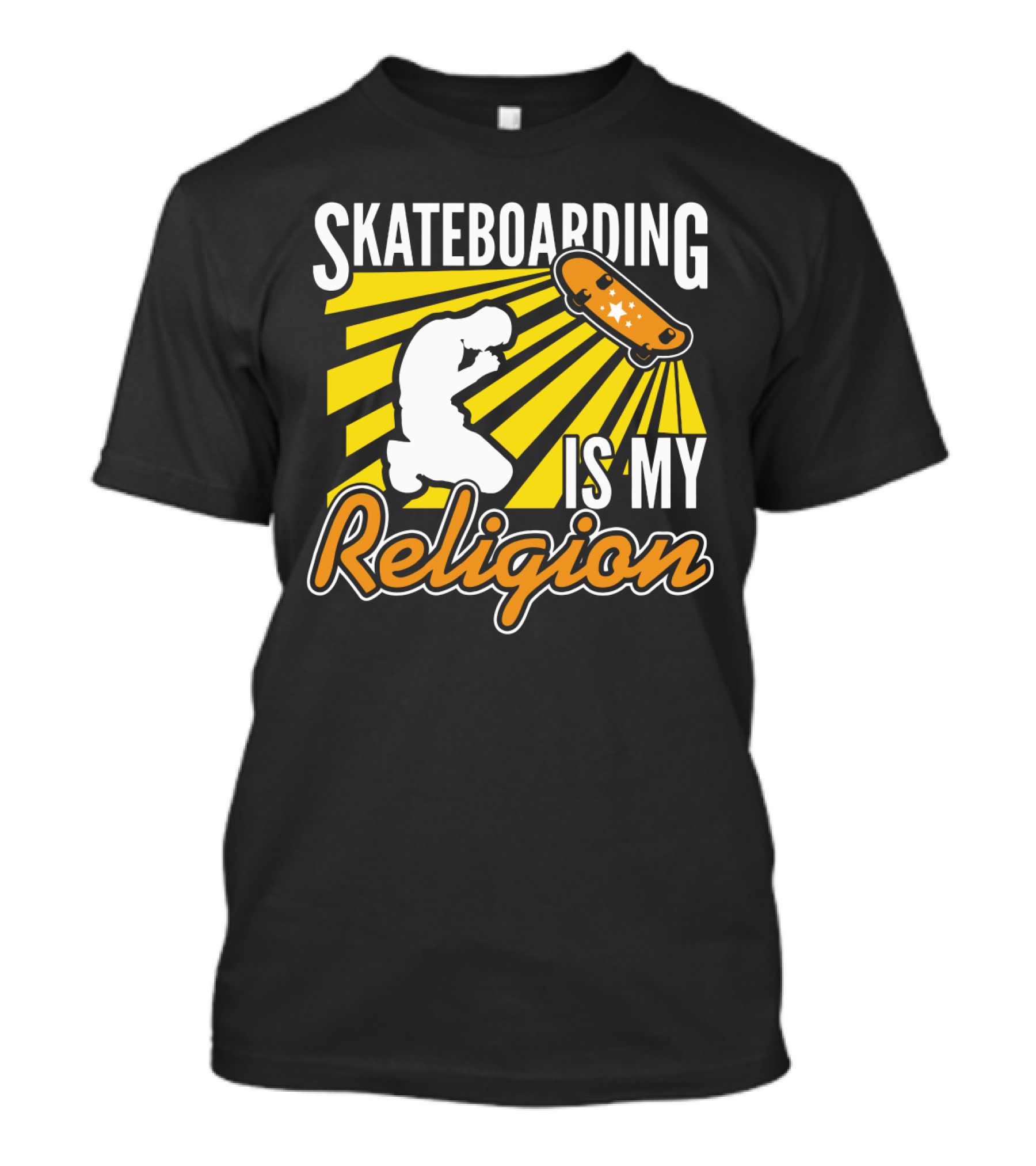 Skateboarding Is My Religion Kneeling Silhouette With Skateboard And Sunburst T-Shirt