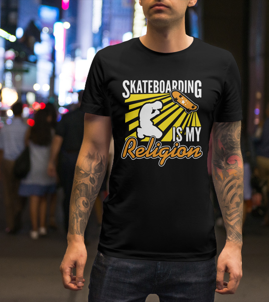 Skateboarding Is My Religion Kneeling Silhouette With Skateboard And Sunburst T-Shirt